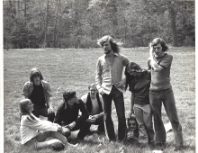 black and white photo of Phaedra band members on the grass